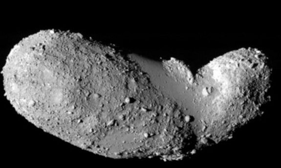 Named 25143 Itokawa, this asteroid is some 540 meters by 270 meters by 210 meters. Japan's robotic Hayabusa spacecraft rendezvoused with asteroid Itokawa in mid-September 2005 and studied the space rock's shape, spin, topography, color, composition, densi