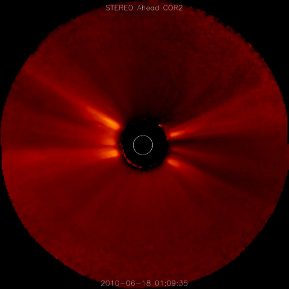 Image of the solar corona, taken by the SECCHI outer coronagraph (COR2) on the STEREO Ahead observatory on June 8, 2010 at 01:09:35 UT. Click to enlarge.