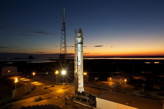 SpaceX's debut Falcon 9 rocket stands atop its launch pad at Space Launch Complex 40 at the Cape Canaveral Air Force Station in Florida in late Feb. 2010 for final tests ahead of its maiden test flight.