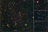 This image shows primordial dwarf galaxy candidates circled in green. Three enlargements at right show several dwarf objects that are at the limits of Hubble's present instrument capabilities. The Hubble UDF is a small region of sky in the direction of the southern constellation Fornax. The faintest objects are less than one four-billionth the brightness of stars that can be seen with the naked eye.