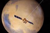 An artist's conception of the Mars Express craft with the MARSIS antenna in place.