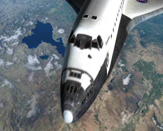 A close-up view of the Space Shuttle Columbia as it orbits Earth in National Geographic Channel's <a href=