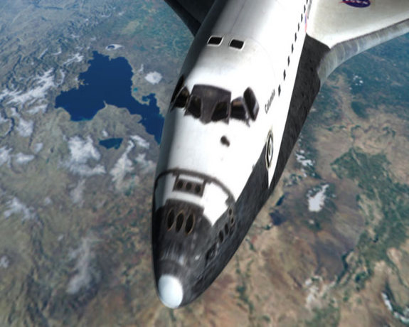 A close-up view of the Space Shuttle Columbia as it orbits Earth in National Geographic Channel's <a href="http://www.space.com/1241-tv-review-seconds-disaster-columbia-flight.html">"Seconds from Disaster: Columbia's Last Flight."</a>