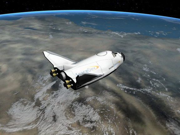 An artist's interpretation of the Dream Chaser vehicle after spacecraft separation.