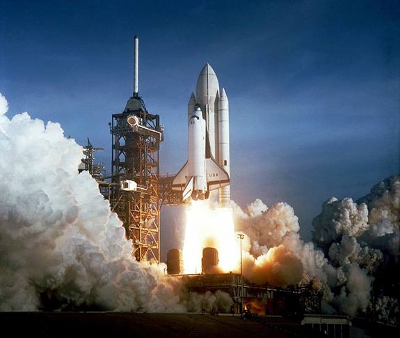 NASA's Columbia orbiter launches skyward on April 12, 1981 on NASA's first-ever shuttle flight, STS-1. Commanding the 54-hour mission was astronaut veteran John Young with then-rookie flyer Robert Crippen as pilot.