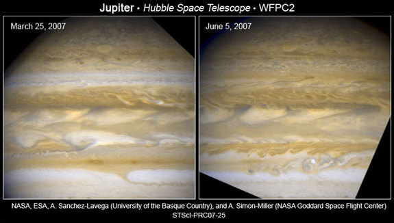 Hubble catches Jupiter changing its stripes. High and low elevation clouds switch places, changing their shape and color as they do so.