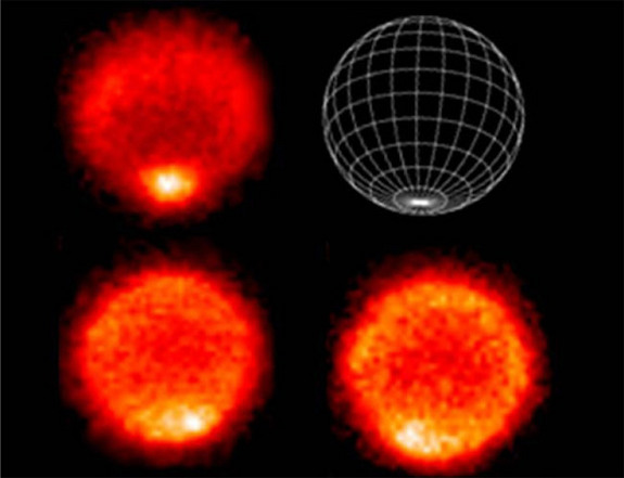 Thermal images show temperatures near the top of Neptune's troposphere (upper left image), with the hottest temperatures found at the south pole (see graphic, upper right). The lower two images show temperatures at higher altitudes in Neptune's stratosphere, or lower atmosphere.