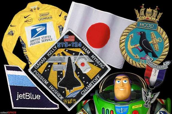 Examples of patches, pins and more onboard shuttle Discovery.