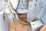 A view of the toilet compartment in the Zvezda Service Module of the International Space Station (ISS).