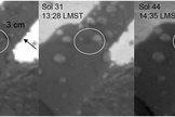 Images of one of Phoenix's struts taken by the lander's robotic arm camera on Sols (or Martian days) 8, 31 and 44 of th emission. The two spheroids enclosed by the circle appear to merge with each other, which some Phoenix scientists argue is a sign that the globs are liquid water.