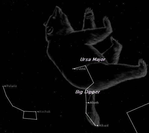 Look high in the sky toward the northeast this time of year and you can't miss the Big Dipper. Making out the Big Bear (Ursa Major) could prove a little more challenging. This map shows them at around 8 p.m. from mid-northern latitudes this weekend.