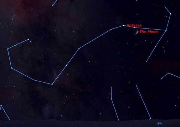 The moon often visits the bright red star Antares in Scorpius.
