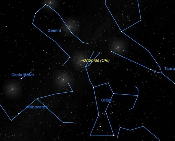Coming at you: the radiant of the Orionid meteor shower is in the constellation of Orion, the Hunter. You can find the constellation easily overhead in the predawn sky. Look for three close stars of Orion's belt, and three more that hang below as his sword. Then find the bright stars that represent his shoulders. The meteor shower's point of origin, or radiant, is noted. But shooting stars could show up anywhere in the sky.