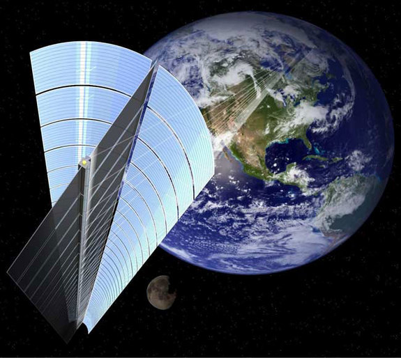 An artist's impression of what JAXA's Space Solar Power System might look like if it used laser transmission to beam solar power down to Earth.