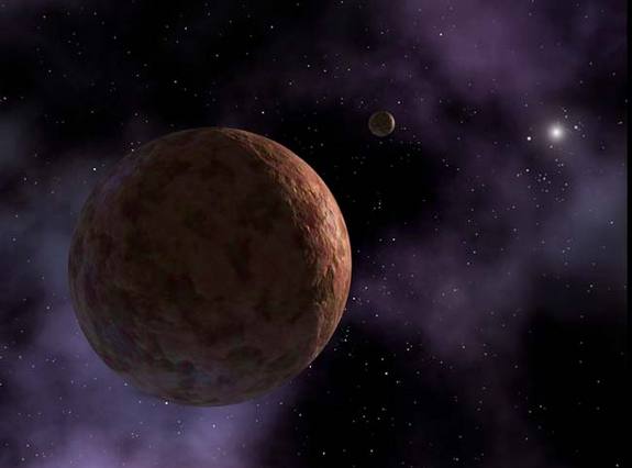 Artist's conception of Sedna, which is so far away it takes 10,000 Earth-years to orbit the sun. All that is known about Sedna's appearance is that it has a reddish hue. In the distance is a hypothetical small moon, which scientists believe may be orbiting this distant body. NASA/JPL-Caltech/R. Hurt (SSC)