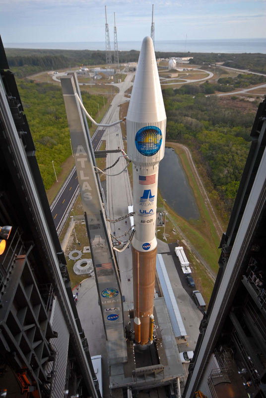 A ULA Atlas 5 rocket carrying NASA’s Solar Dynamics Observatory satellite rolls out to its Space Launch Complex-41 launch pad at Cape Canaveral Air Force Station in Fla., for a planned Feb. 10, 2010 launch.