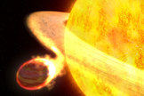This is an artist's concept of the exoplanet WASP-12b. It is the hottest known planet in the Milky Way galaxy, and potentially the shortest lived. The planet is only 2 million miles from its sunlike parent star — a fraction of Earth's distance from the Sun.