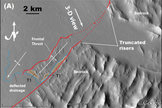 View of a stretch of land west of Olympus Mons, which has landforms that may be evidence of recent tectonic activity (interpreted image).