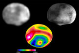 On its southern side the asteroid Vesta shows a huge crater. This picture shows the asteroid in an image taken by the Hubble Space Telescope (top, left), as a reconstruction based on theoretical calculations (top, right), and as a topological map (bottom).