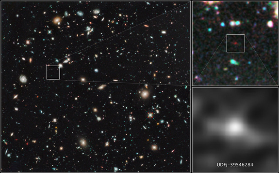These images zoom into the Hubble telescope's HUDF WFC3/IR image around the galaxy UDFj-39546284, which scientists say is 13.2 billion years old - the oldest, farthest galaxy yet discovered. This image was released on Jan. 26, 2010.