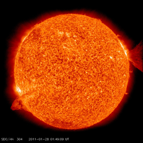 This still from SDO caught the action in freeze-frame splendor when the Sun popped off two events at once (Jan. 28, 2011). A filament on the left side became unstable and erupted, while an M-1 flare (mid-sized) and a coronal mass ejection on the right blasted into space. 