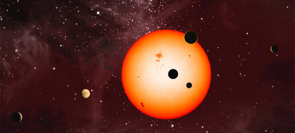 An artist's illustration of the extrasolar planets discovered around the star Kepler 11 by NASA's Kepler Space Telescope.
