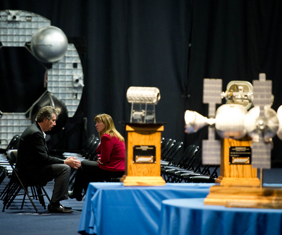 NASA Deputy Administrator Lori Garver talks with Bigelow Aerospace President Robert Bigelow prior to touring their facilities on Feb. 4, 2011 in Las Vegas. NASA has been discussing potential partnership opportunities with Bigelow for its inflatable habitat technologies.