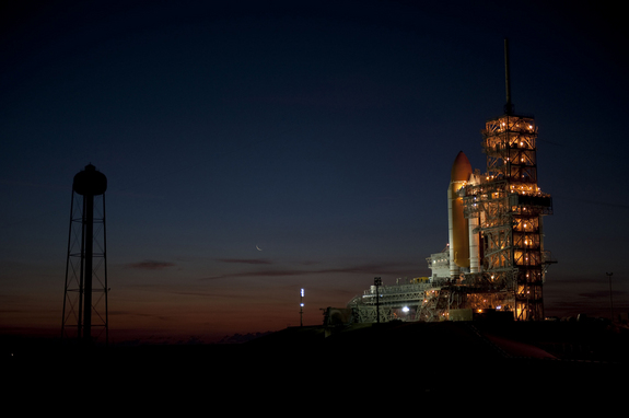 Space shuttle Discovery stands at Launch Pad 39A at NASA's Kennedy Space Center on Feb. 1, 2011 following its rollout from the Vehicle Assembly Building. The shuttle is due to launch on its final mission on Feb. 24.
