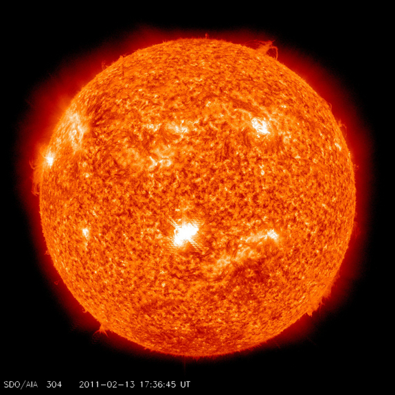 On Feb. 13th at 1738 UT, sunspot 1158 unleashed the strongest solar flare of the year so far, an M6.6-category X-ray irradiance magnitude blast. NASA's Solar Dynamics Observatory recorded an intense flash of extreme ultraviolet radiation. The source of this activity, sunspot 1158 is growing rapidly.