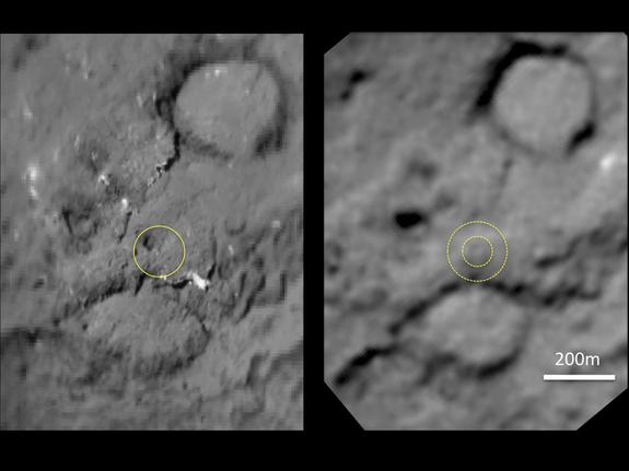 This pair of images shows the area affected by the impactor released by NASA's Deep Impact spacecraft in July 2005. On the left, the image from Deep Impact shows a dark mound about 50 meters (160 feet) in size. The image on the right, newly obtained by NASA's Stardust spacecraft Feb. 14, 2011, shows the impactor erased that dark mound and flattened the area.