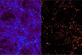 distribution of dark matter when the universe was about 3 billion years old, obtained from a numerical simulation of galaxy formation. The left panel displays the continuous distribution of dark matter particles, while the right panel highlights the dark matter halos for the formation of star-bursting galaxies with a minimum dark matter halo mass of 300 billion times that of the sun.