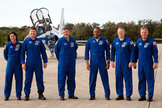 Space shuttle Discovery's STS-133 crew arrives at NASA's Kennedy Space Center on Feb. 20, 2011. From left: Nicole Stott, Michael Barratt, Steve Bowen, Al Drew, Eric Boe and Steven Lindsey.