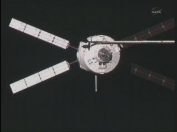 The European Space Agency's ATV-2 Johannes Kepler docks at the International Space Station on Feb. 24, 2011 after an 8-day flight.