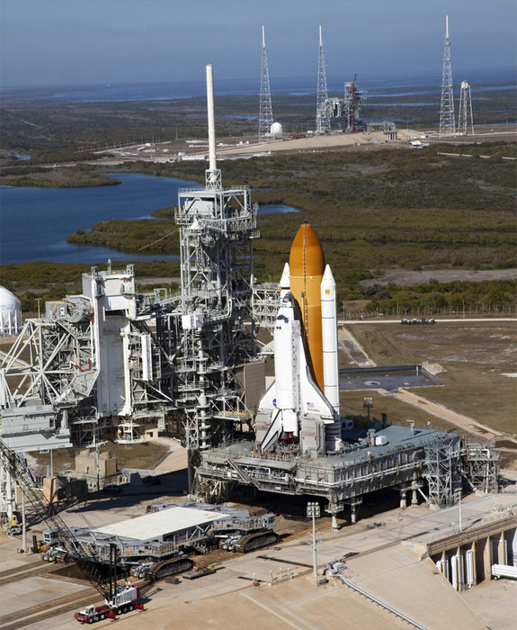 Space shuttle Discovery stands tall at Launch Pad 39A at NASA's Kennedy Space Center in Florida.