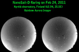 This image captured by skywatcher Arto Oksanen in Finland shows NASA's solar sail satellite NanoSail-D as it appeared in aurora-watching cameras on Feb. 24, 2011 at the Nyrölä Observatory.