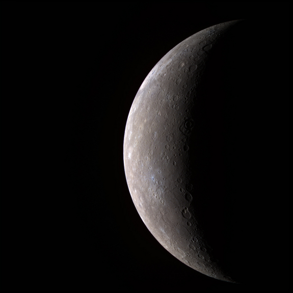 This visible-infrared image shows an incoming view of Mercury, about 80 minutes before MESSENGER's closest pass of the planet on Jan. 14, 2008, from a distance of about 27,000 kilometers (17,000 miles). The color image was generated by combining three separate images taken with different filters.