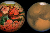 (Left) This 1894 map of Mars was prepared by Eugene Antoniadi and redrawn by Lowell Hess. (Right) A Hubble Space Telescope photo of Mars shows the modern view of our neighboring planet.