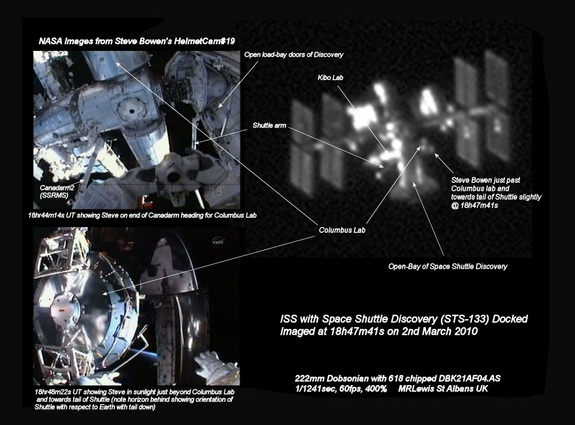 Skywatcher Martin Lewis of St. Albans, Herts in the U.K. caught this amazing view of the docked shuttle Discovery and International Space Station on March 2, 2011 during a spacewalk. A spacewalker can be seen on a robot arm.