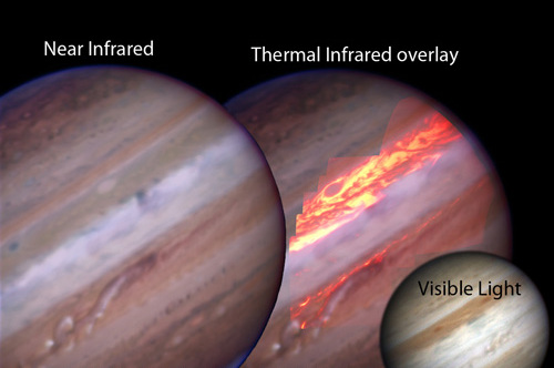 A comparison of the visible, near infrared, and thermal infrared views of Jupiter. The thermal-infrared image shows the heat from the planet's surface, rather than the light reflected by the sun, and allows for greater understanding of the turmoil in the Jovian atmosphere.