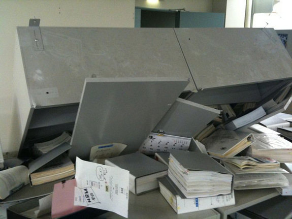 This photo shows some of the damage to the Tsukuba Space Center in Tsukuba, Japan, the main space center for the country's JAXA agency. This photo was provided to <a href="http://www.collectspace.com/ubb/Forum32/HTML/000185.html#tsukuba">collectSPACE.com</a>, a SPACE.com partner.