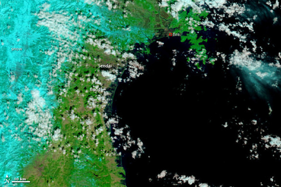This image from NASA's Terra Satellite shows extensive flooding along Japan's northeastern coast near the city of Sendai after a massive tsunami caused by the 8.9-magnitude earthquake that struck the country on March 11, 2011. This image was taken by Terra's MODIS instrument on March 12.