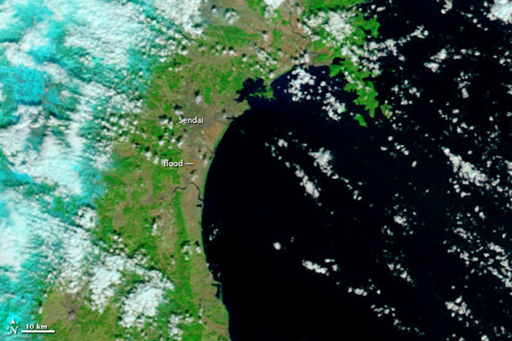 This image from NASA's Terra satellite shows Japan's northeastern coastal region near the city of Sendai as it appeared on Feb. 26, 2011, before a massive 8.9-magnitude earthquake struck the region and caused a tsunami that led to extensive flooding on March 11.