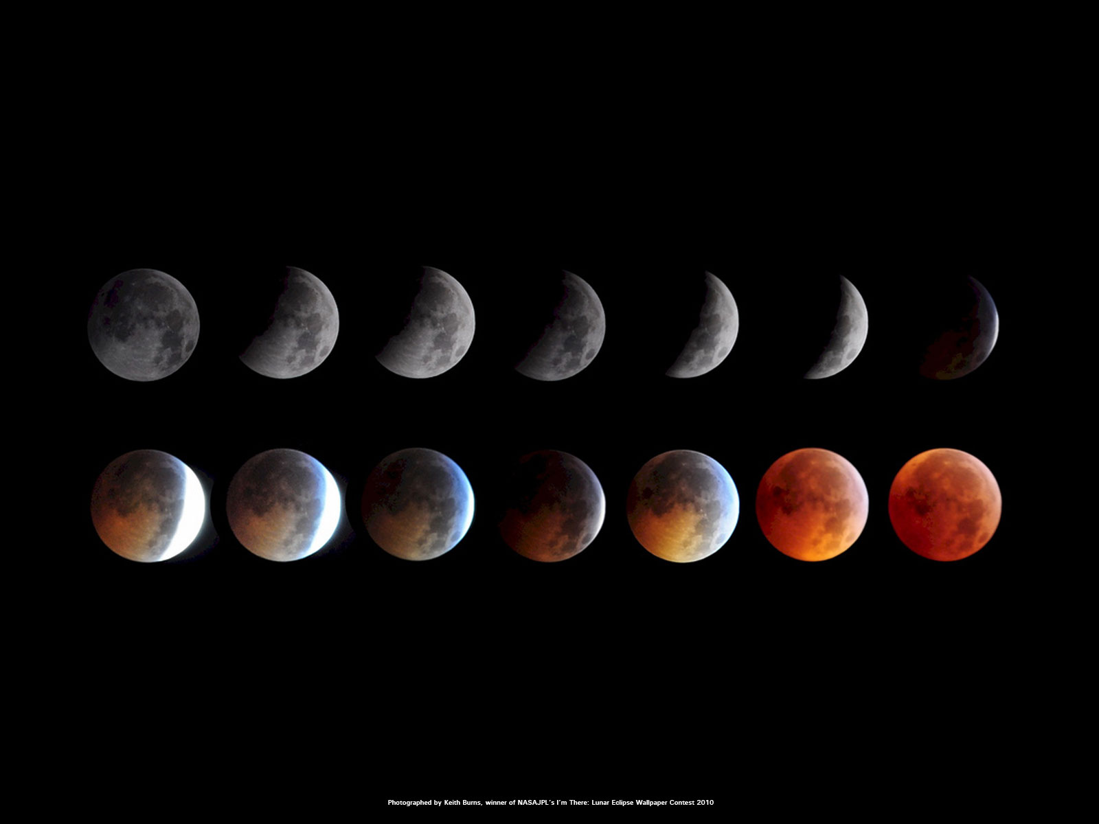 This montage of images taken by skywatcher Kieth Burns shows the Dec. 20, 2010 total lunar eclipse. The photos won a NASA contest to become an official NASA/JPL wallpaper for the public.