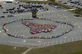 A closer view of the life-size space shuttle created by thousands of NASA Kennedy Space Center employees standing side-by-side outside the Vehicle Assembly Building on March 18, 2011.