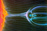 The Earth's magnetosphere deflects some of the solar wind.