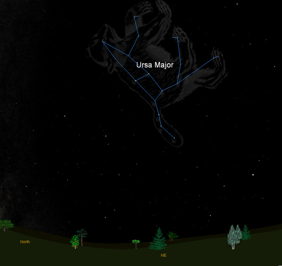 This sky map shows how the constellation Ursa Major, the Great Bear, appears in the night sky from mid-latitudes of North America at about 9 p.m. local time.