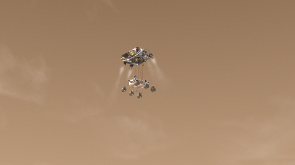This artist's concept depicts the Curiosity rover as it is being lowered by a rocket-powered descent stage during a critical moment of the "Sky Crane" landing in 2012.