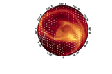 This image shows thermal infrared radiation (at a wavelength of 5 microns) emitted by the cloud tops at the southern polar region of Venus on Jan. 20, 2008, as viewed by the VIRTIS imaging spectrometer on Venus Express. The white arrows show the atmospheric winds, measured by tracking the movement of cloud features.