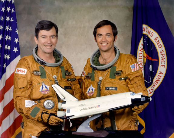 These two astronauts were the prime crewmen for the first flight in the Space Transportation System (STS-1) program. Astronauts John W. Young, left, commander, and Robert L. Crippen, pilot, will man the space shuttle orbiter 102 Columbia for the first orbital flight test.