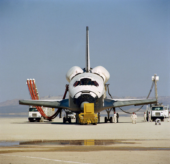 This head-on photograph of NASA's space shuttle Columbia was taken during post-landing servicing on Rogers dry lake bed at Edwards Air Force Base in southern California. The STS-1 mission ended earlier today, two and one third days later and thousands of miles removed from Sunday's Florida launch setting. Astronauts John W. Young, commander, and Robert L. Crippen, pilot, were Columbia's first crew.